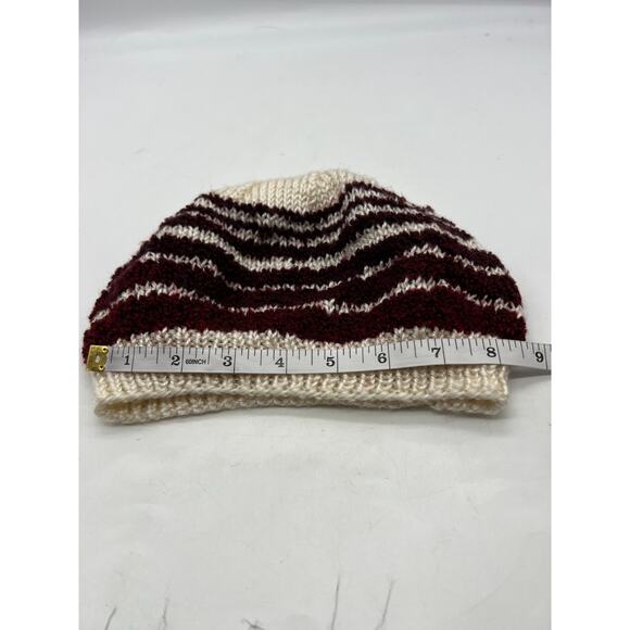Knit Woven Wide Cream Burgundy Red Stripe Beanie Knit Hat Boho XS - Picture 6 of 8